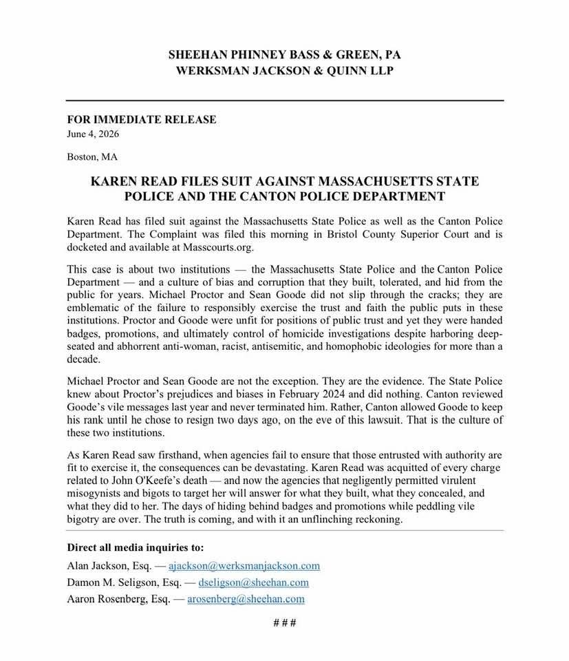 GrantSmithEllis's tweet photo. Statement from Karen Read's lawyers after today shocking filing involving former State Trooper Michael Proctor and former Canton Police Officer Sean Goode.

I have never, in my life, seen so many bigoted text messages in a single court filing.

I weep for my state. https://t.co/p5tMI3HZZq