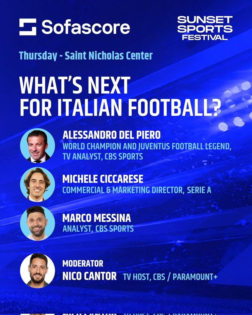 SmfSunset's tweet photo. Four of the most respected voices in Italian football share the same stage at SSF 2026.

What's Next for Italian Football?
Powered by @Sofascore
20:30-20:50 https://t.co/IYpc2PWK9U