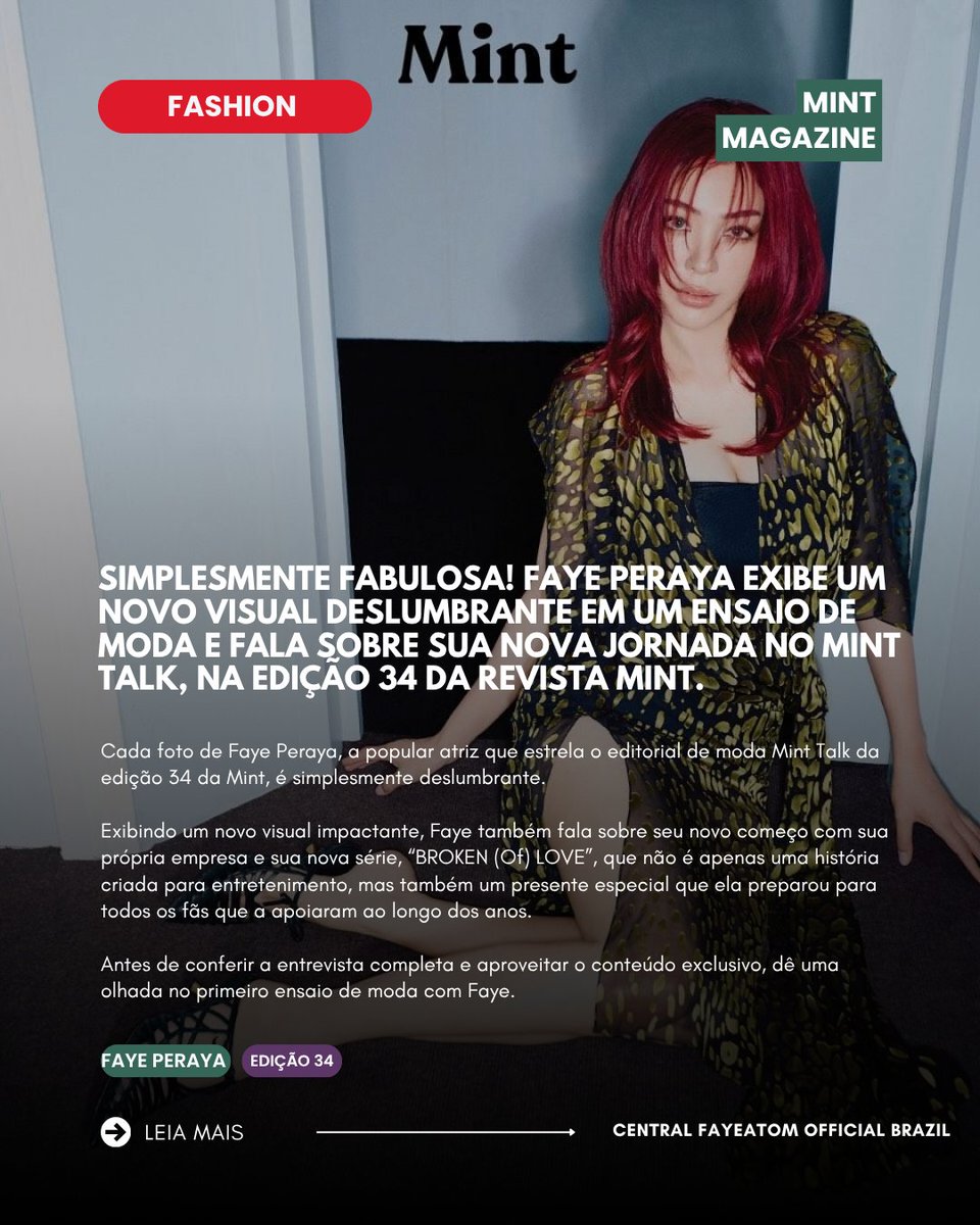 FayeAtom_br's tweet photo. 🗞️|| Simplesmente fabulosa! Faye Peraya exibe um novo visual deslumbrante em um ensaio de moda e fala sobre sua nova jornada no Mint Talk, na edição 34 da revista Mint.
@malisorn00
🔗 https://t.co/UTQVgdbw4B
#FayePeraya
#MintMagazine
#FayexMintTalk https://t.co/MdFTObeDIr