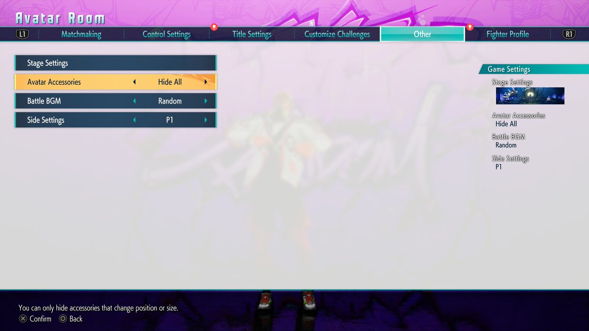 StreetFighter's tweet photo. Introducing the Avatar Accessories display feature! 👏

You can choose options like “Hide All” or “Display Own Only” for accessories that have had their size or position altered!

Change this setting under “Other” in the Battle Settings, or via Options > Battle > Avatar Battle Settings.

#SF6Tips