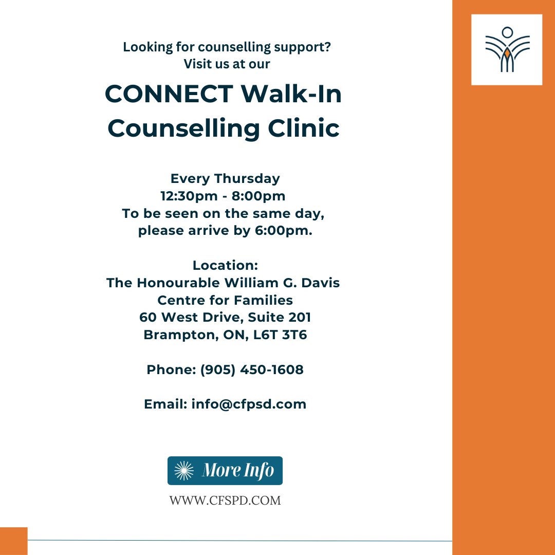 CFSPD's tweet photo. Looking for counselling support? Visit our weekly CONNECT Walk-in Counselling Clinic! Located at 60 West Drive on the second floor, every Thursday from 12:30pm to 8pm. Please arrive by 6pm for same day support. To learn more, visit https://t.co/2gNgvi1wLM https://t.co/94XBcaceg4