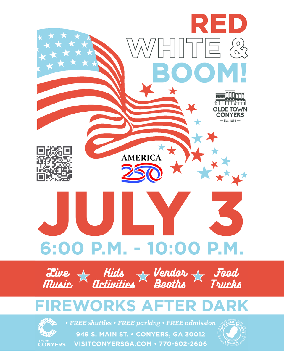OldeTownConyers's tweet photo. π This is BIG. This is LOUD. This is BOOM. π
Red, White & BOOM! | America250
Olde Town Conyers celebrates Americaβs 250th birthday.
πΆ Food π Music π Fireworks after dark
π FREE shuttles + FREE entry
π 949 S. Main St NE | July 3 | 6β10PM
#RedWhiteAndBoom #ConyersGA https://t.co/hfcXTqHBVG