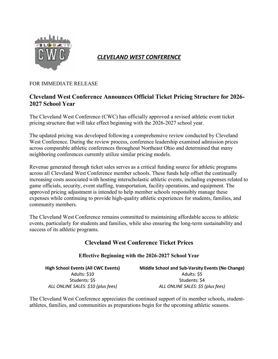 BHSAthDep's tweet photo. CWC Announces Official Ticket Pricing Structure for 2026-2027 School Year

Season Passes pricing has not yet been determined and will be announced on a later date https://t.co/76WTGRnYVZ