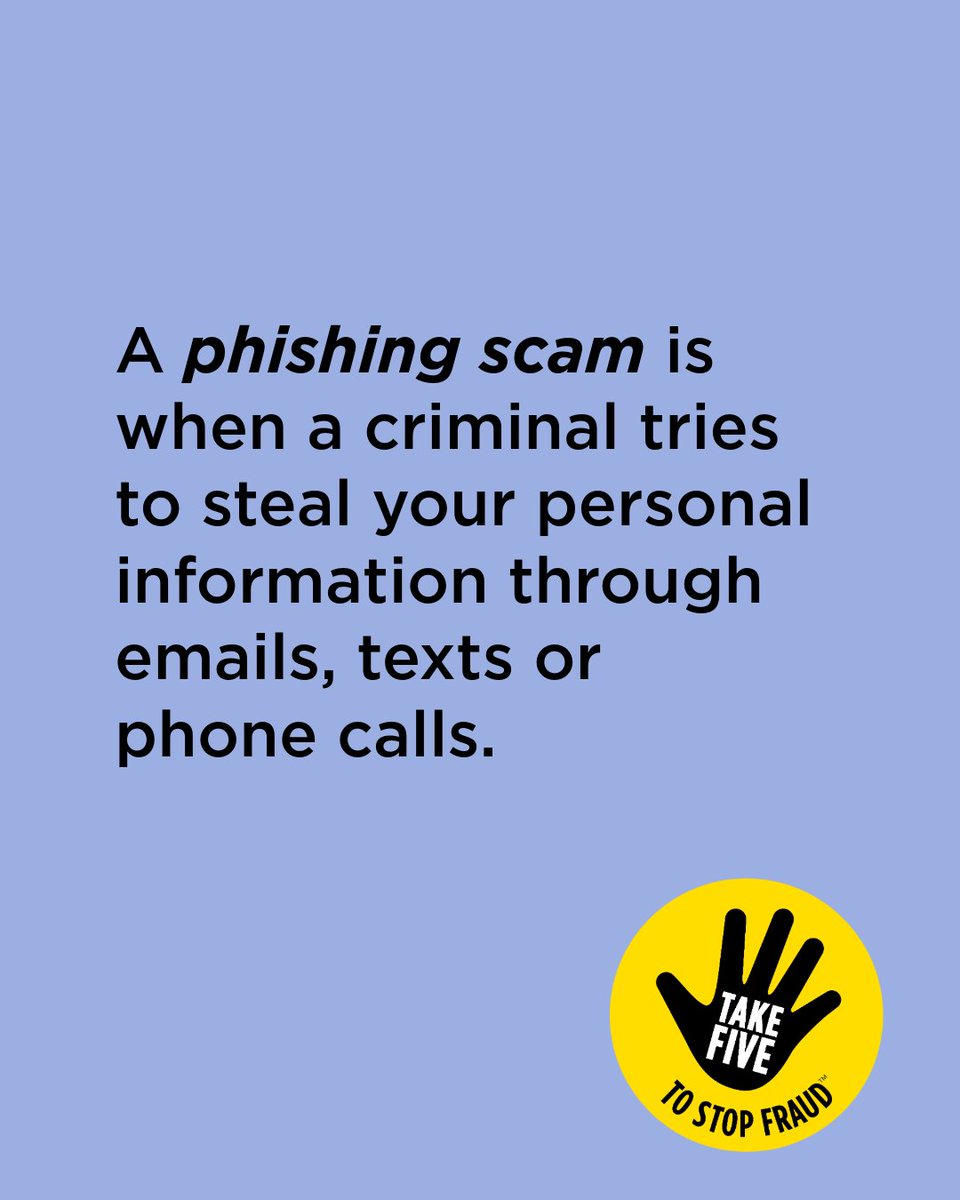 bhamts's tweet photo. What is a phishing scam?

This is when criminals attempt to steal your personal information through texts, emails and phone calls.

Always stop and think before you click on any links.

#StopChallengeProtect #TakeFive #PhishingScams
#BrumTS https://t.co/RPI7QF0hXR