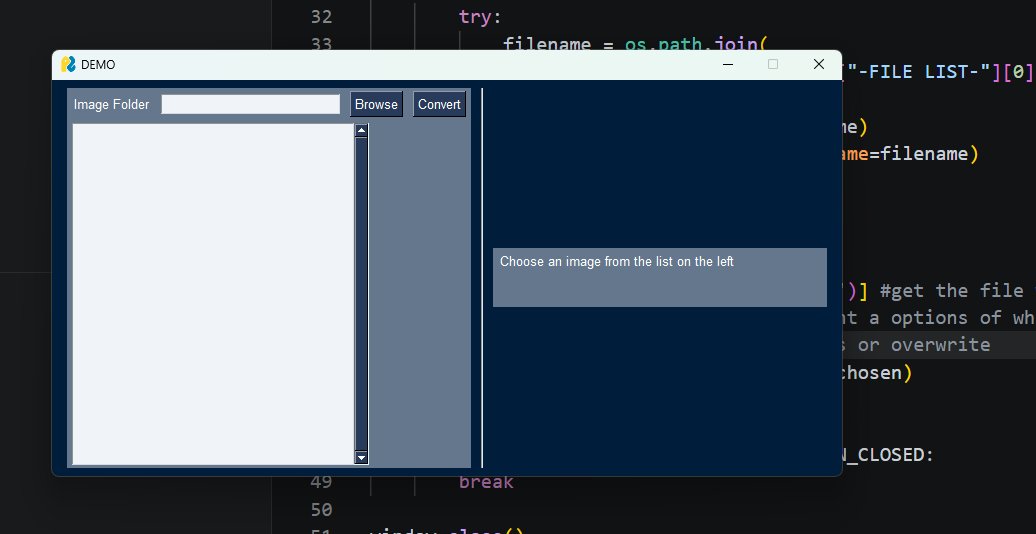 PixelpulseG's tweet photo. Got the basic GUI layout made for the image converter.
Simple but works so far, props gonna change where the buttons go but for now you can open a folder with images in it and it will populate the list or you can choose one file to convert. 

Still in the works but moving fast. I kinda like python.
