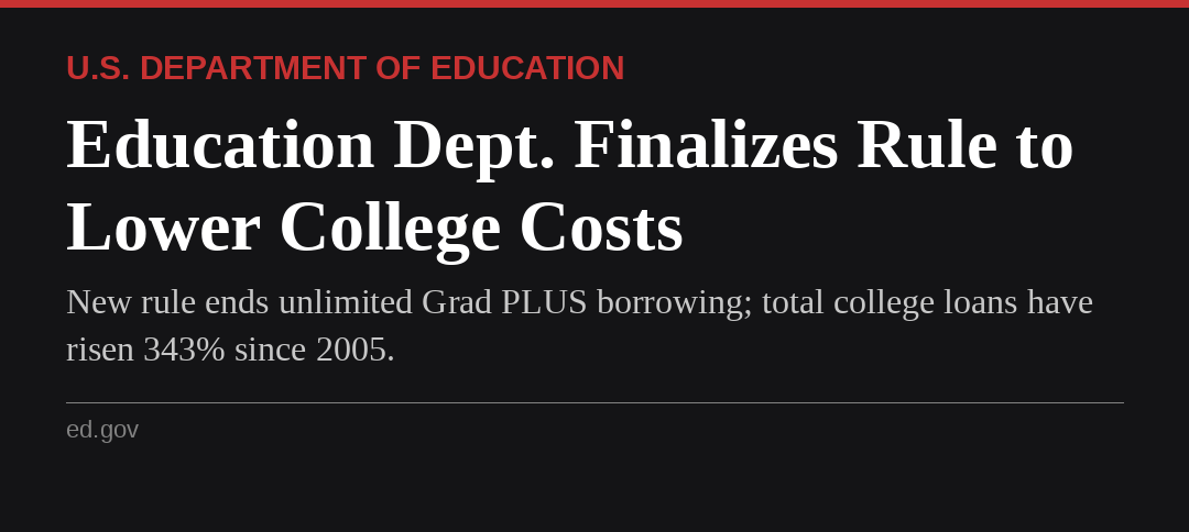 politicalfabian's tweet photo. College loans are up 343% since 2005.

Not 43%. Three hundred forty-three.

How?

Washington guaranteed unlimited borrowing. The schools saw a blank check and charged whatever they wanted.

The Department of Education just admitted it — and killed the unlimited loan. https://t.co/Bz88JNU8YT