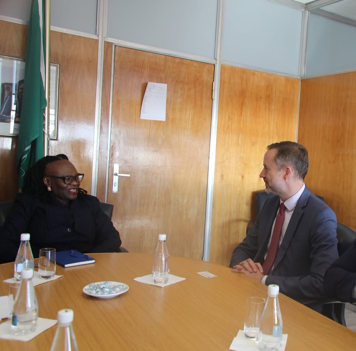 MIRT_NAMIBIA's tweet photo. On Tuesday 02 June 2026, Hon. Selma Ashipala-Musavyi, welcomed Mr. Dan Barnes, Managing Director for Selection, Eligibility, and Policy Performance at the Millennium Challenge Corporation (MCC), during a courtesy call to discuss Namibia's eligibility for a potential MCC Compact. https://t.co/cQXp9s8is9