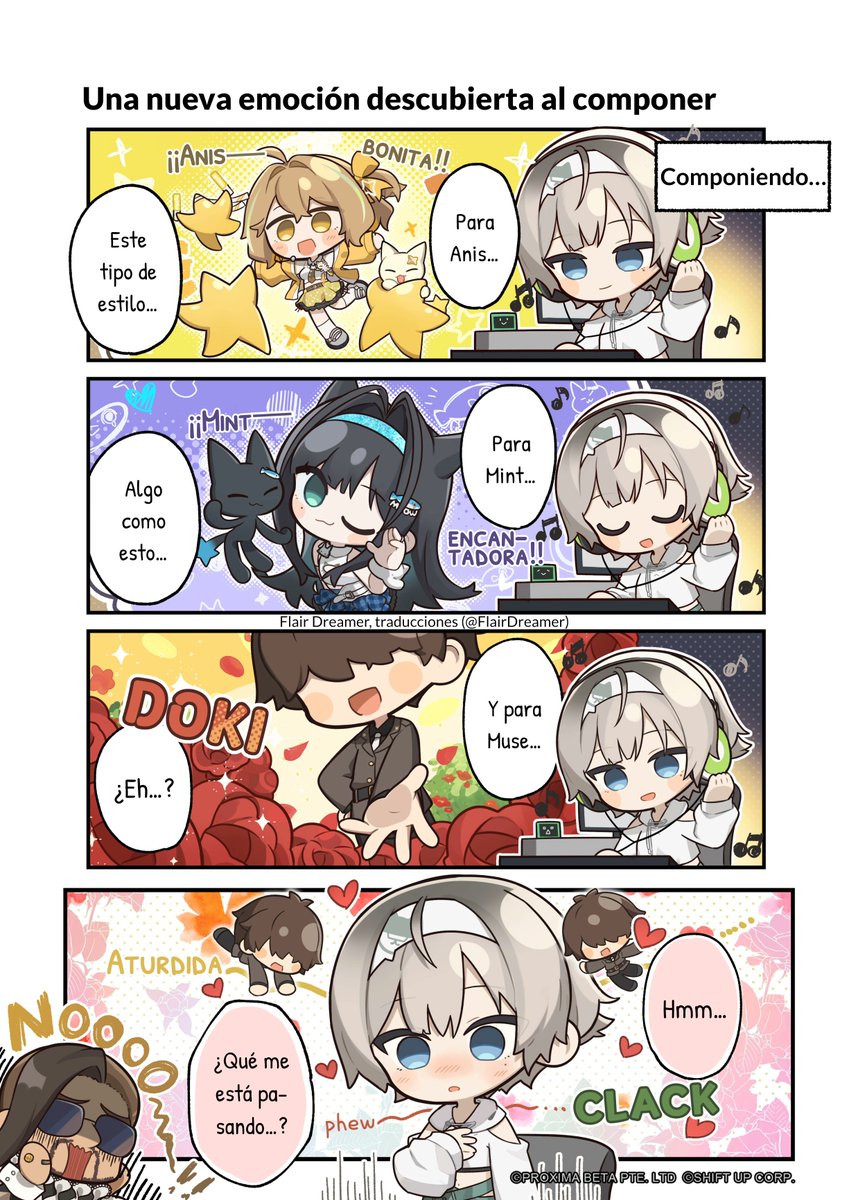 FlairDreamer's tweet photo. @NIKKE_en [ES] Cómic de #NIKKE, episodio 90.

[Una nueva emoción descubierta al componer]

Mientras trabaja en una canción, Prika siente que su corazón late con fuerza y se sonroja. 💗
¡Oh-oh, parece que su próxima canción será de amor!

#メガニケ #ニケ https://t.co/PPWftq1zww
