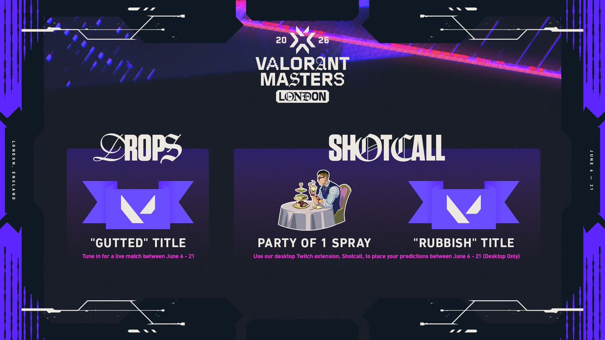 valohabercisi's tweet photo. MASTERS LONDON REWARDS

Title: Gutted
Tune in for a live match between June 6 - 21

Title: Rubbish
Play Shotcall on Twitch (desktop only) and earn 100 points over the course of Masters London.

Spray: Party of 1
Play Shotcall on Twitch (desktop only) and place in the top 5% of any one game during the tournament from June 6-21.