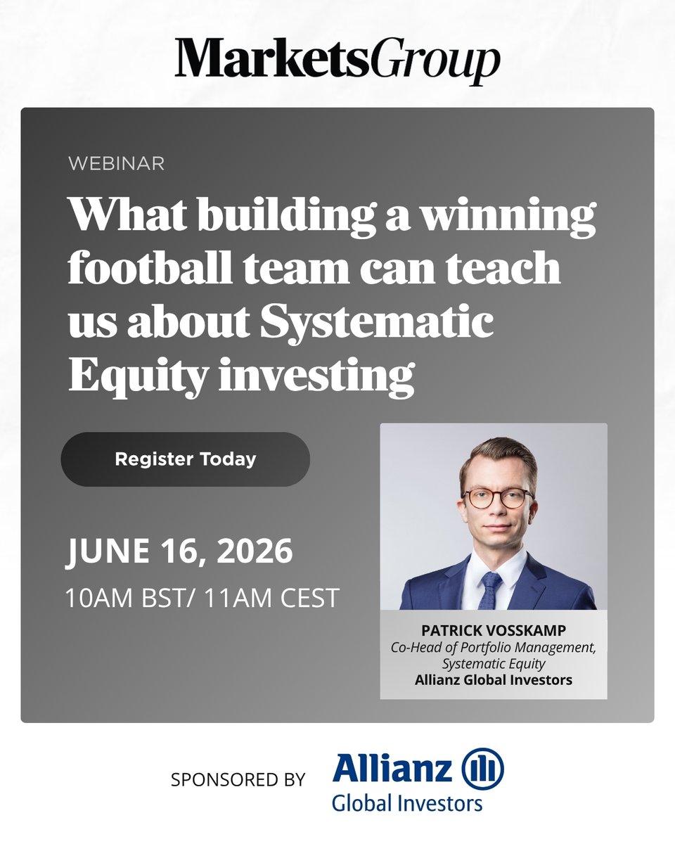 MarketsGrp's tweet photo. Star players win matches. Process wins seasons.🏆

In systematic equity investing, long-term success depends less on reacting to short-term market moves and more on applying a consistent, repeatable framework across cycles.

This session covers:
➜ Why process and discipline drive long-term outcomes, in markets and in elite sport
➜ How a research-led framework combines diversified factor exposures and risk management
➜ Why a repeatable approach beats reacting to short-term noise

Patrick Vosskamp, Co-Head of Portfolio Management, Systematic Equity at Allianz Global Investors, breaks it down.

🔥 REGISTER: https://t.co/9VnSABDDbv

📅 DATE: Tuesday, June 16, 2026
🕘 TIME: 10:00 AM BST / 11:00 AM CEST

For fund distributors and professional investors in eligible regions only.

#MarketsGroupWebinar
Sarah Haase