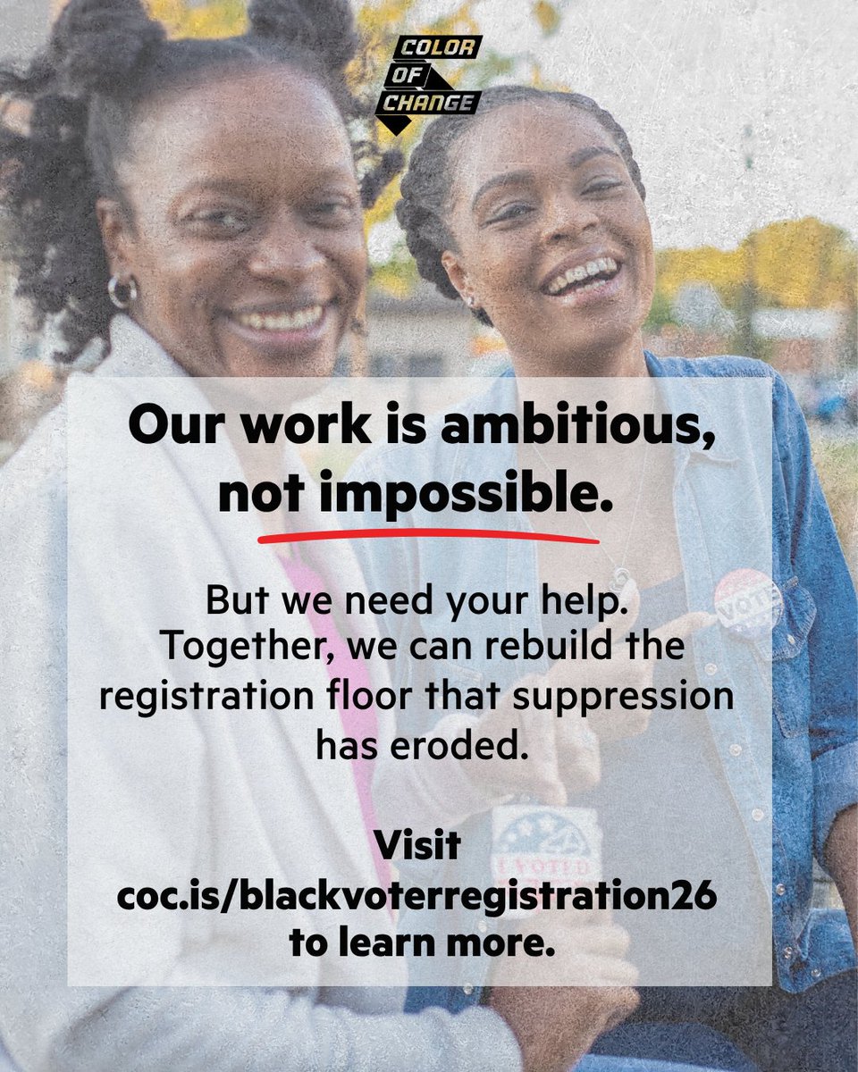 ColorOfChange's tweet photo. Our Black Voter Registration Program is our commitment to protecting our political power and voices. Across six states, there are roughly half a million unregistered Black. Our goal is to register 99,000 before the midterms. But we need your help. Join us: https://t.co/7Vl1j14kav https://t.co/YLffPUEvFf