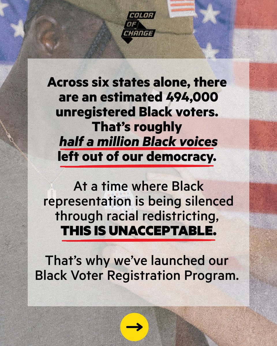 ColorOfChange's tweet photo. Our Black Voter Registration Program is our commitment to protecting our political power and voices. Across six states, there are roughly half a million unregistered Black. Our goal is to register 99,000 before the midterms. But we need your help. Join us: https://t.co/7Vl1j14kav https://t.co/YLffPUEvFf