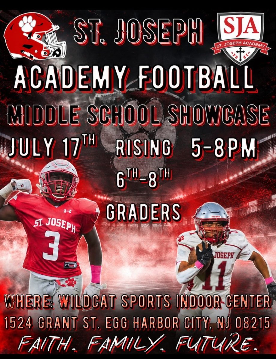 DonohueJr's tweet photo. St. Joseph Academy Football Showcase Camp - 5 to 8pm 7/17/26 at Wildcat Sports Indoor Center, Egg Harbor City, NJ
#LetsGoStJoe🐾🏈❤️🤍🇺🇸
Faith...Family...Future 
@FlaimRonn @statu287 @SMelega @Rob_Briles https://t.co/2Gzo0IDNVH