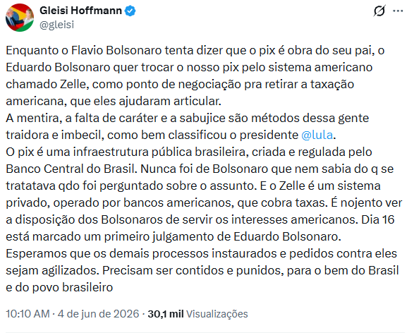 Metropoles's tweet photo. ➡️ POLÍTICA | Gleisi critica sistema dos EUA e diz que Bolsonaro "nem sabia o que era Pix" https://t.co/5lym3Fl2TT
