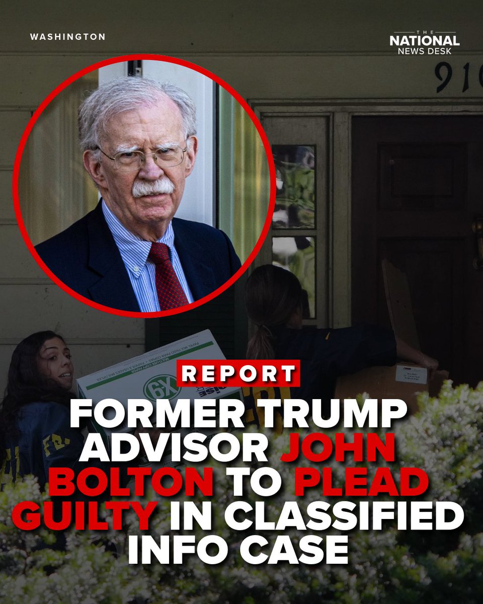 TND's tweet photo. #BREAKING: Former Trump national security adviser John Bolton has agreed to plead guilty to a single count of retaining classified information under a DOJ deal that could allow him to avoid prison time, a person familiar with the matter told The Associated Press on Thursday.

https://t.co/Ok4sb6pCvk