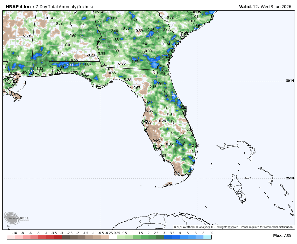 MattDevittWX's tweet photo. @stantherunner You're right, Venice has been on the unlucky side. Rainfall shown below over the past week. Note Venice in the brown (drier than average) compared to those in green (wetter than average). A lot had to do with a change in wind direction. Hang in there. https://t.co/Wbhm749uCO