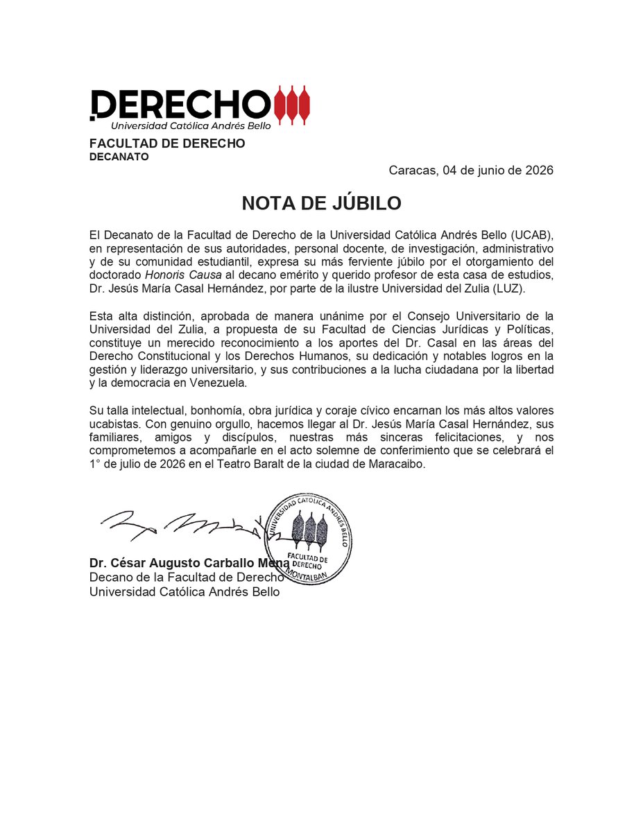 DerechoUCAB's tweet photo. Compartimos la Nota de Júbilo emitida por el Decanato de nuestra Facultad de Derecho , con motivo del otorgamiento del doctorado Honoris Causa al Dr. Jesús María Casal Hernández por parte de la Universidad del Zulia (LUZ).

Acompáñanos a leer el comunicado oficial adjunto. 👇 https://t.co/H7h36Xa0is