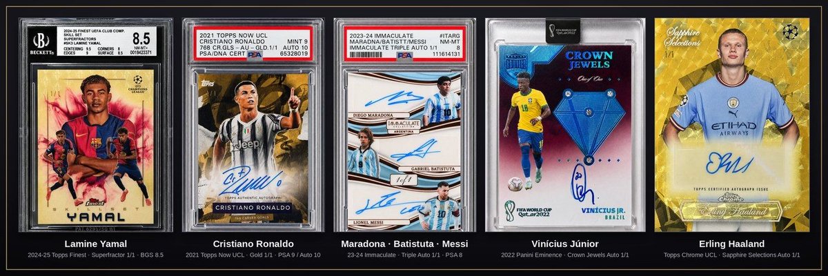 Ellaweb_3's tweet photo. The closer we get to the World Cup, the more attention starts flowing back into football collectibles again.

What’s interesting about @MarketCardsHQ is that the idea isn’t really about random card flipping.

It’s more about how player legacy, rarity, fandom and cultural relevance can become part of a tradable collectible market.

A few cards from the upcoming MintBox really stand out:

• Cristiano Ronaldo Gold Auto 1/1
• Lamine Yamal Superfractor 1/1
• Haaland Auto Superfractor 1/1
• Mbappé Gold Vinyl 1/1 PSA 10

The bigger idea feels different though.

Instead of needing to own an entire rare collectible worth a huge amount, the platform is trying to create more accessible on-chain participation around high-end sports cards.

Curious to see how this category evolves once the World Cup narrative fully kicks in.

Link and details 👉 https://t.co/FK95AXk76U