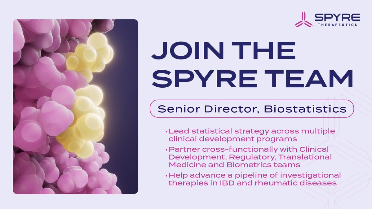 spyretx's tweet photo. We're #hiring a Senior Director, Biostatistics.

Join us and help drive statistical strategy across a growing pipeline of investigational therapies in #IBD and rheumatic diseases. Apply: https://t.co/x1BSuS88qu https://t.co/SVdUgydeBt