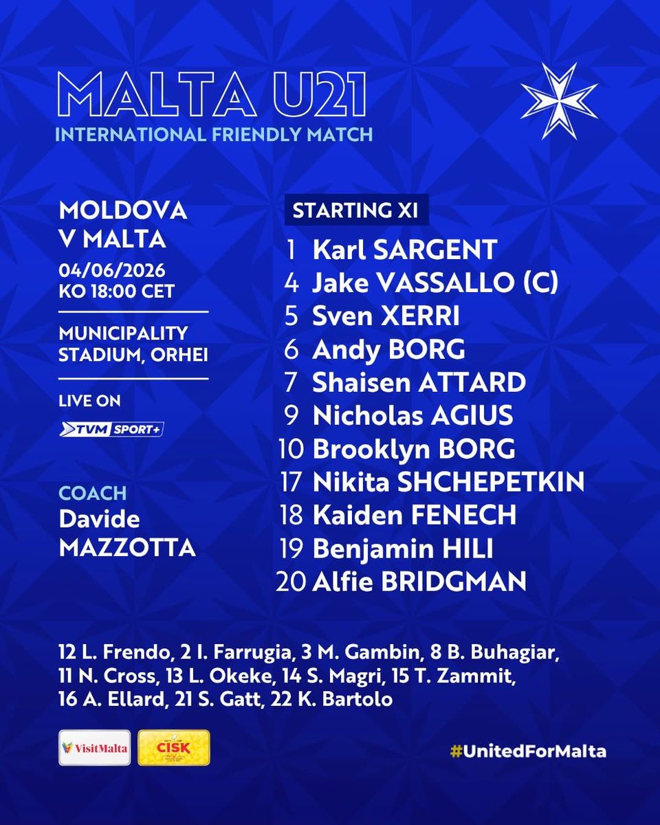 PastizziP's tweet photo. This evening’s U21’s line-up for the friendly with Moldova U21’s… 🇲🇩⚽️🇲🇹 https://t.co/1QYV4XdrSK