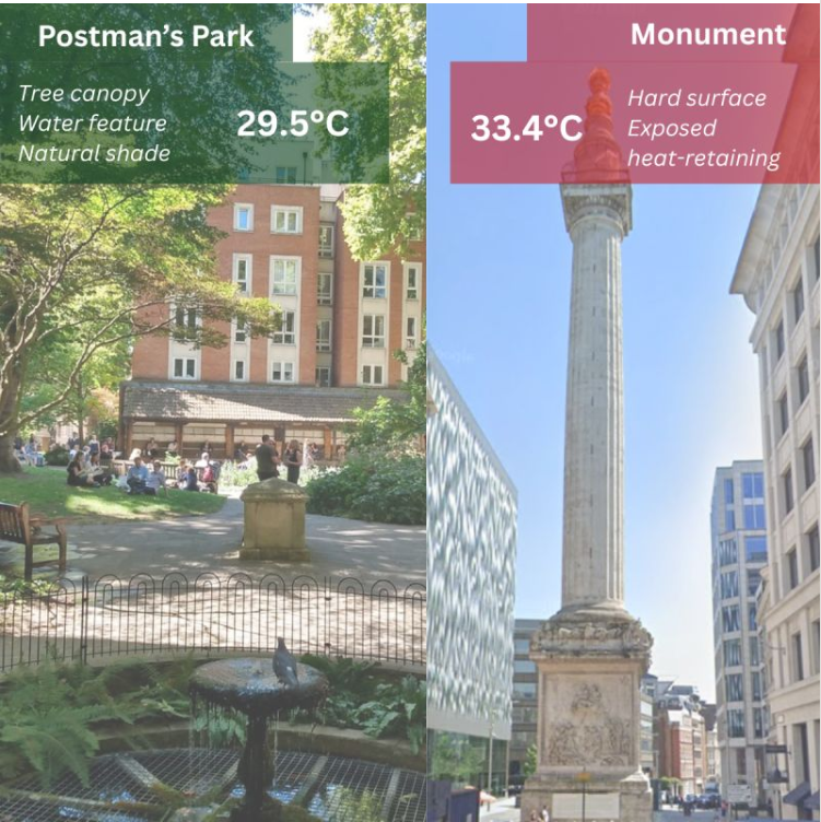 willnorman's tweet photo. 👀In London's heatwave last week, @cityoflondon took the temperature - same day &amp; time - in 2 nearby public squares. 

The difference is green infrastructure. Urban tree canopy &amp; vegetation are vital for coping with the climate crisis.

That's why we're planting 🌳🌳 across LDN https://t.co/oWI7tleQBG