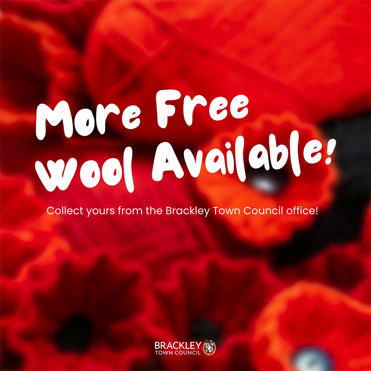 brackleycouncil's tweet photo. 🌹𝗙𝗿𝗲𝗲 𝗪𝗼𝗼𝗹 𝗳𝗼𝗿 𝘁𝗵𝗲 𝗣𝗼𝗽𝗽𝘆 𝗣𝗿𝗼𝗷𝗲𝗰𝘁🌹

Don't forget, you can collect free wool from the Brackley Town Council office to knit or crochet poppies for our Remembrance poppy cascades!

20 High Street, Brackley
Mon - Fri
9am – 4pm https://t.co/39QNPCrSZn