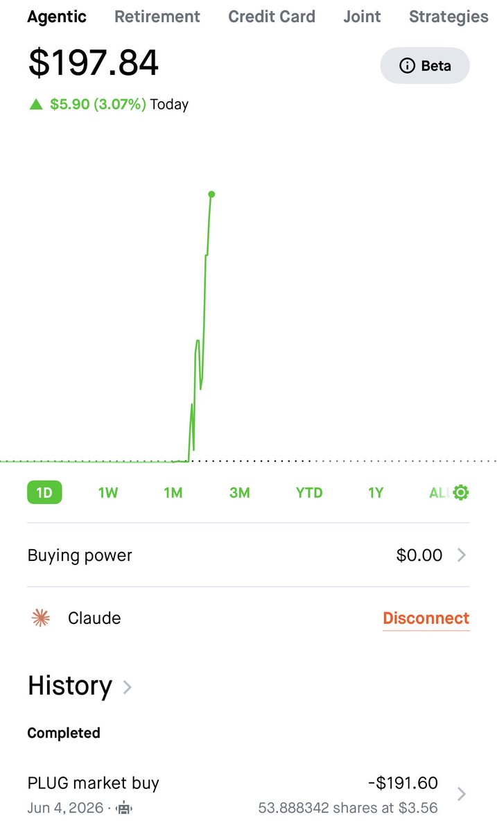 inthecloud01's tweet photo. $HOOD $200 agentic trading challenge update: Claude bought $PLUG at $3.56/share as the next trade and it’s already up. 

Its main reasoning is:

* −4.1% today from $3.69 close — meaningful selling pressure
* Deepest oversold RSI profile of the group on a per-volatility basis
* Near MACD cross. 

Let’s see if Claude cooks with this one or if it’ll be a losing trade