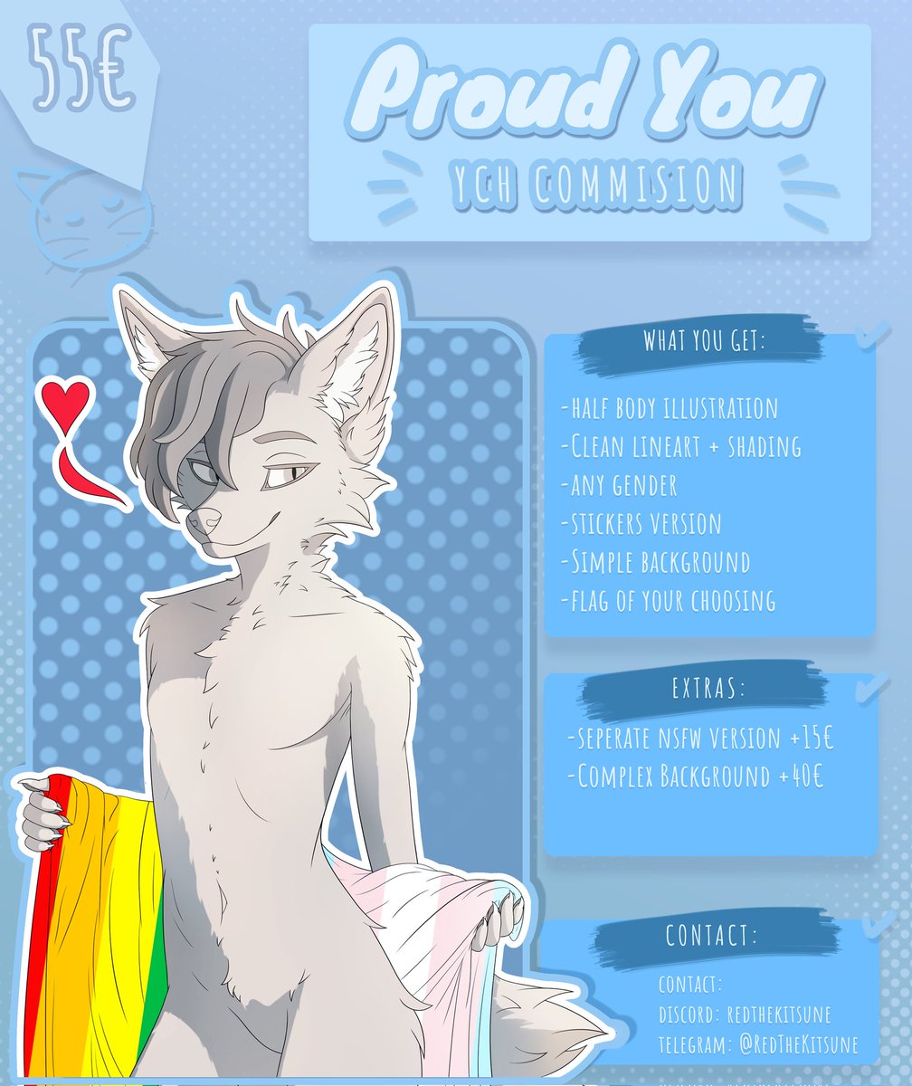 RedTheKitsune's tweet photo. Proud you - pride month commisions open

You can contact me on discord (redthekitsune) or telegram (@RedTheKitsune).

#furry #furryart #furryartwork #art #ych #pridemonth https://t.co/G52pXf2d6K