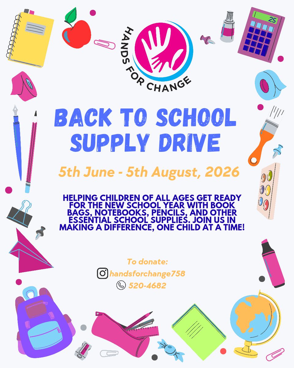 __ashpash's tweet photo. Hands for Change is now accepting donations for our Back to School Drive from June 5th to August 5th!

School supplies such as book bags, notebooks, pencils, pens, and other essentials are welcome. No donation is too small. Every contribution can make a big difference. https://t.co/bgYWL0Eb07