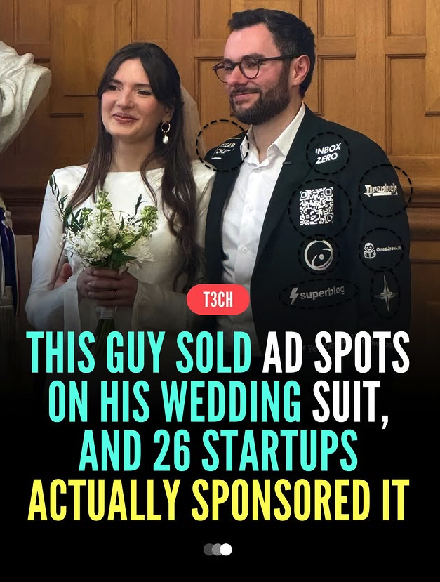 themetav3rse's tweet photo. A startup founder turned his wedding into a viral marketing experiment and sold ad spots on his wedding suit.

26 startups bought patches with each brand on his jacket.

-THREAD- https://t.co/68cSM4Foaq