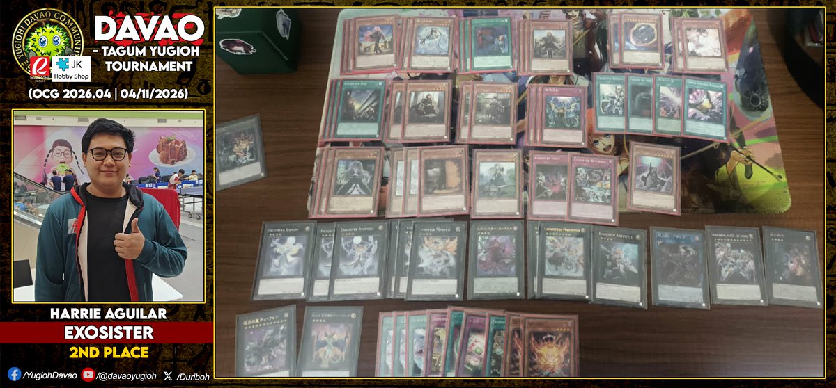 Duriboh's tweet photo. Davao-Tagum YUGIOH Tournament S24.T27
OCG 2026.04 Limit Regulation
April 11, 2026 | @ Robinsons Tagum - JK Hobby Shop
.
Winners:
1st - Kent Jhazel Prado (DoomZ)
2nd - Harrie Aguilar (Exosister)
3rd - Louie Acodile (Kewl Tune Elfnote)
.
#DavaoYugioh ~ Admin Alzam777 https://t.co/Cq6neHv7PY