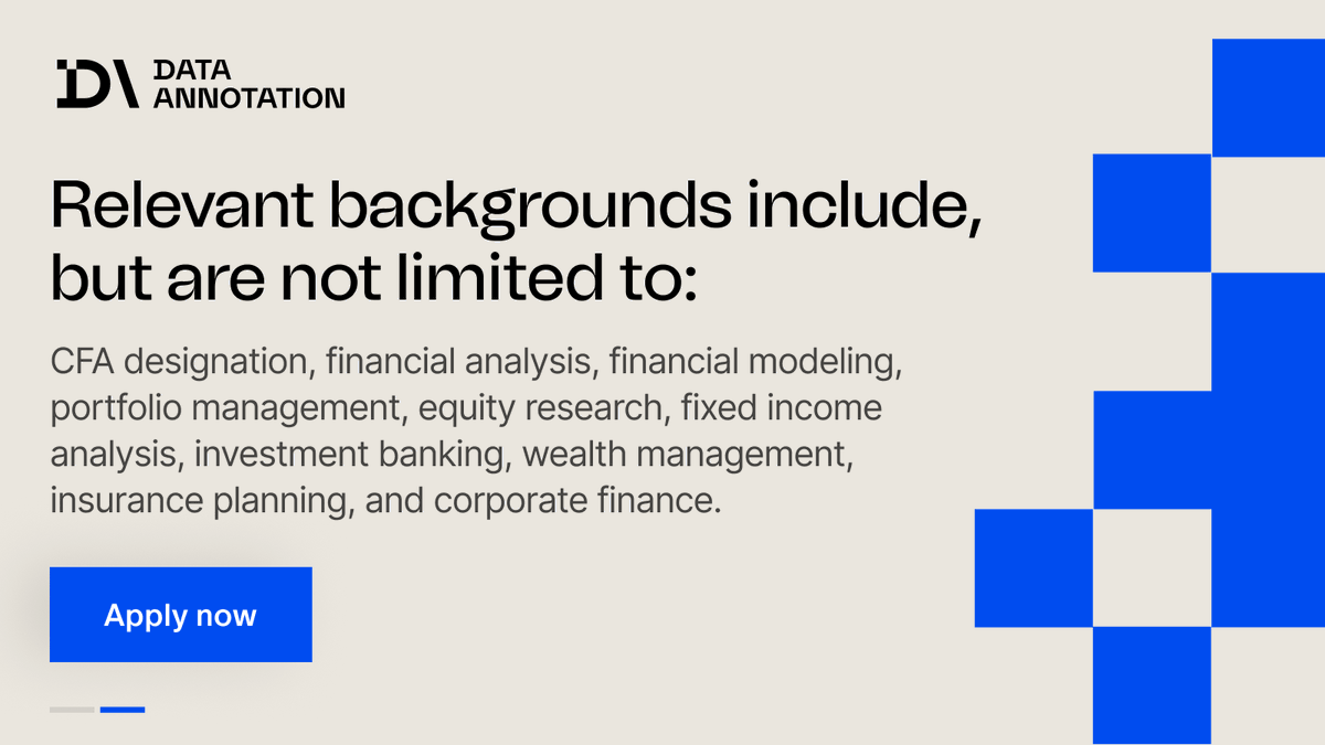 Data_Annotation's tweet photo. Finance credentials pay $50-$60+/hr in AI training.

DataAnnotation matches finance professionals to projects that use their domain knowledge. No minimum hours, no signup fees. One Starter Assessment at sign-up — no retakes, so review carefully before submitting.

Link in bio. https://t.co/Uv1mGMCXLT