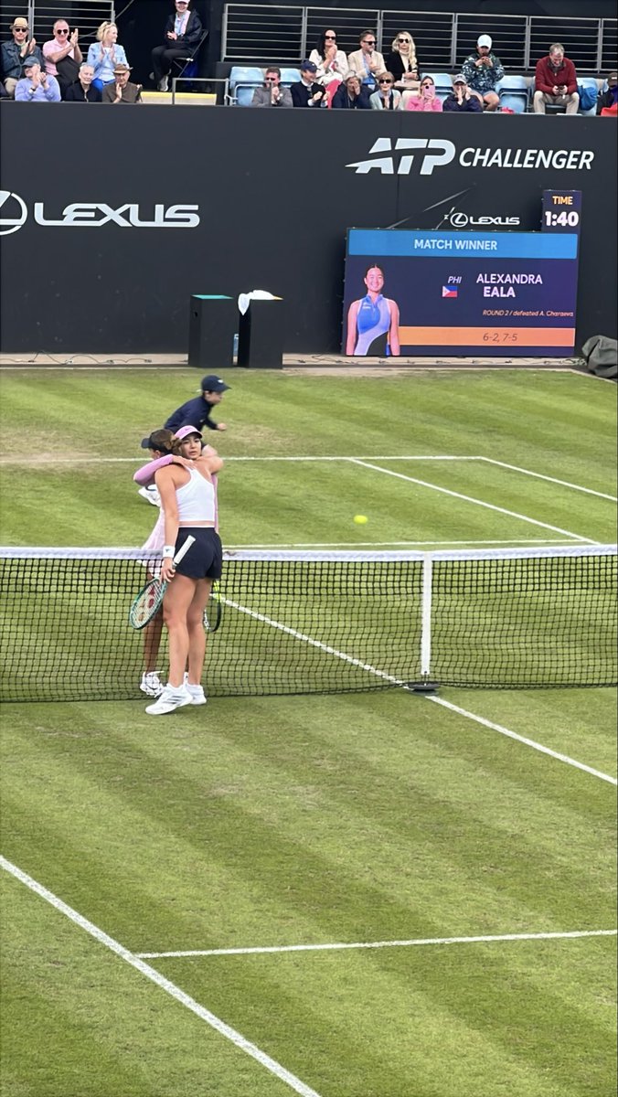 QasaAlom's tweet photo. Really impressed with Eala today. Down 4–2 in the 2nd set, umpire called a point replay when she was about to break back to 4-3. Then goes down 5-2. No complaints. She reset, won 5 games straight for a 6–2 7–5 win. 
I asked her courtside what she took from match “my attitude.” https://t.co/P6jtcmChDY