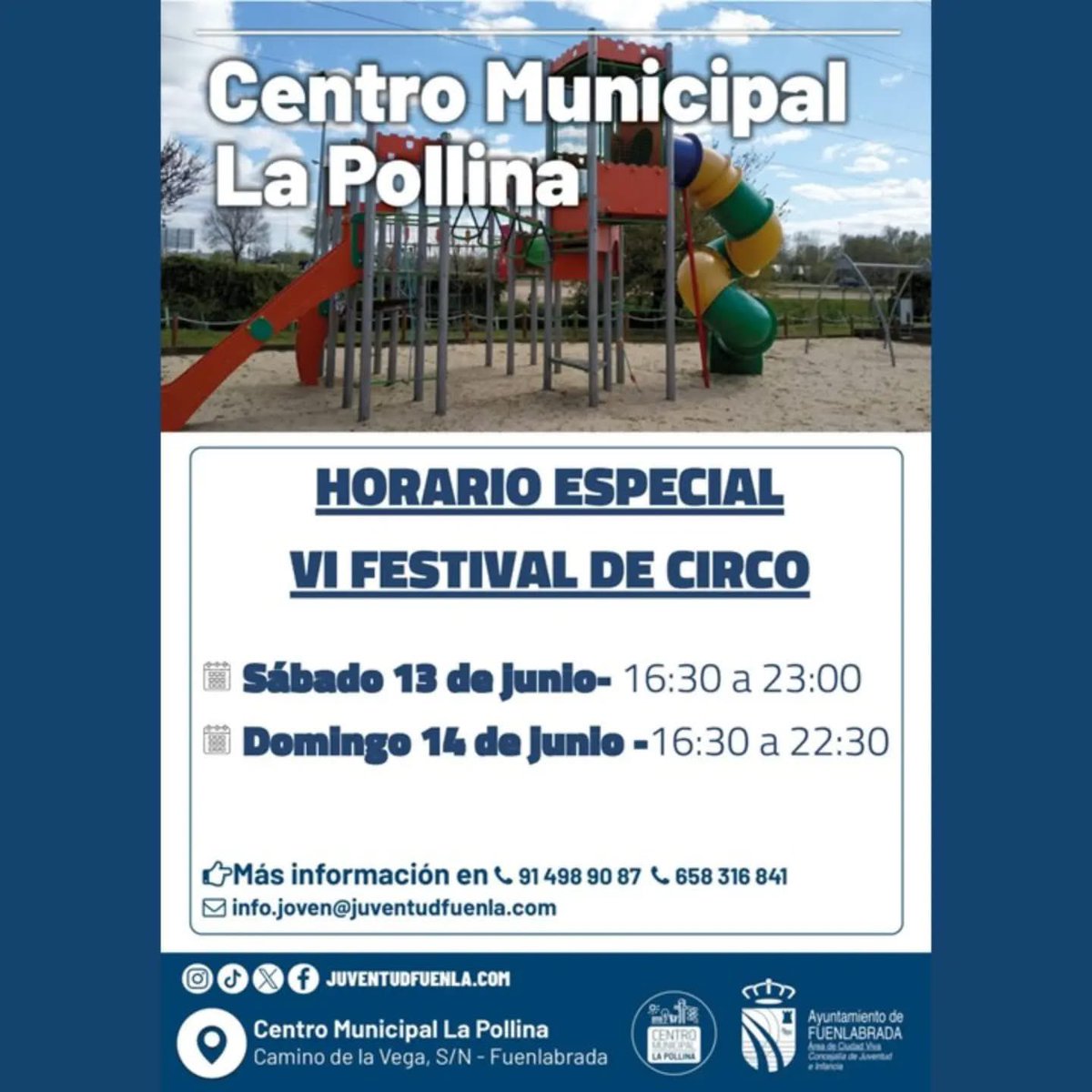 ElFuenli's tweet photo. ✨ Horario especial en el Centro Municipal La Pollina por el VI Festival de Circo

📅 Sábado 13 de junio
🕟 De 16:30 a 23:00 h

📅 Domingo 14 de junio
🕟 De 16:30 a 22:30 h https://t.co/L2VlaCdfyQ