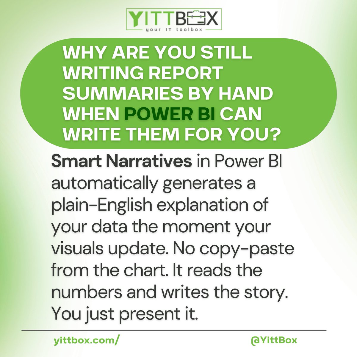 yittbox's tweet photo. Stop wasting time writing data summaries by hand: let Power BI Smart Narratives turn your charts into plain-English stories instantly so you can focus on the things that matter more. 📊🚀

#PowerBI #DataAnalytics #BusinessIntelligence #SmartNarratives #DataAutomation #Yittbox https://t.co/HCvcIpmGMx