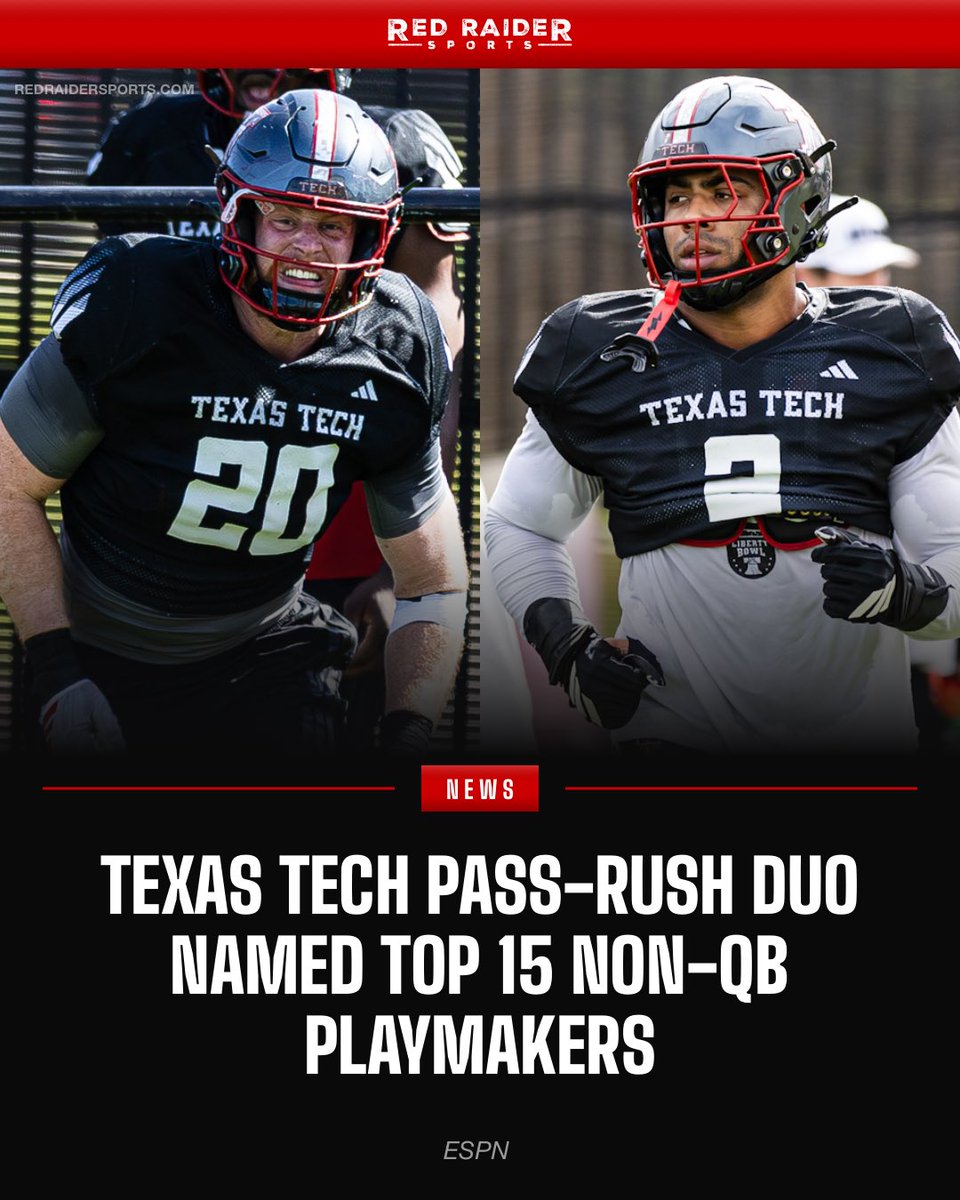 RedRaiderSports's tweet photo. ESPN identifies college football's Top 15 non-QB playmakers ahead of 2026 season.

After seeing the entire starting 2025 defensive line get drafted, #TexasTech’s pass rush isn’t going away 💪 

Details: https://t.co/IyBarVHJq4 https://t.co/HBVdzbDYtR