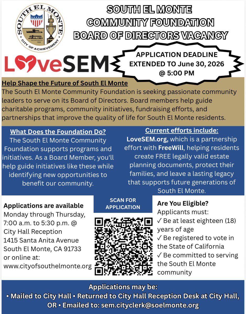 CITYSEM's tweet photo. Now accepting applications for the South El Monte Community Foundation Board of Directors! 

Help shape the future of our community. Deadline extended to June 30, 2026. 

Apply today! https://t.co/Ui8OIMqxV3
