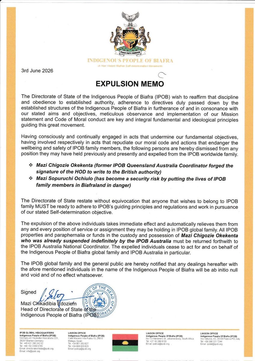 EmekaOjadi's tweet photo. Expulsion memo.

The guy nicknamed 'Gosife', Chigozie OKEKENTA , who forged HOD signature to write to British Authority is hereby expelled and  one Sopuruchi Ochiulo in Aba , Abia state  who has become a security risk  to IPOB members in Biafraland is hereby expelled from IPOB worldwide.
For others who are impersonating the names  and signatures of HOD and other DOS members in writing fraudulent letters , legal actions  and arrest are waiting for most of you. 
@real_IpobDOS 
@radiobiafralive