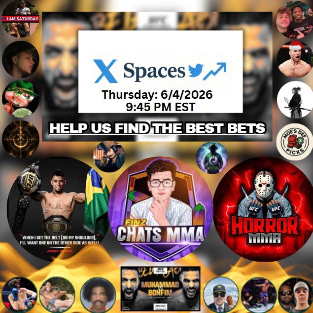 HorrorMMA's tweet photo. We are BACK TONIGHT for another WEEKLY SPACE with @finz_the, @Walkerbigfan , and co.

Join us as we attempt to come up with our BEST BETS for #UFCVegas118

Chop it up with us and bring your best betting insights in the space TONIGHT⏰ https://t.co/PXm3YgDkai