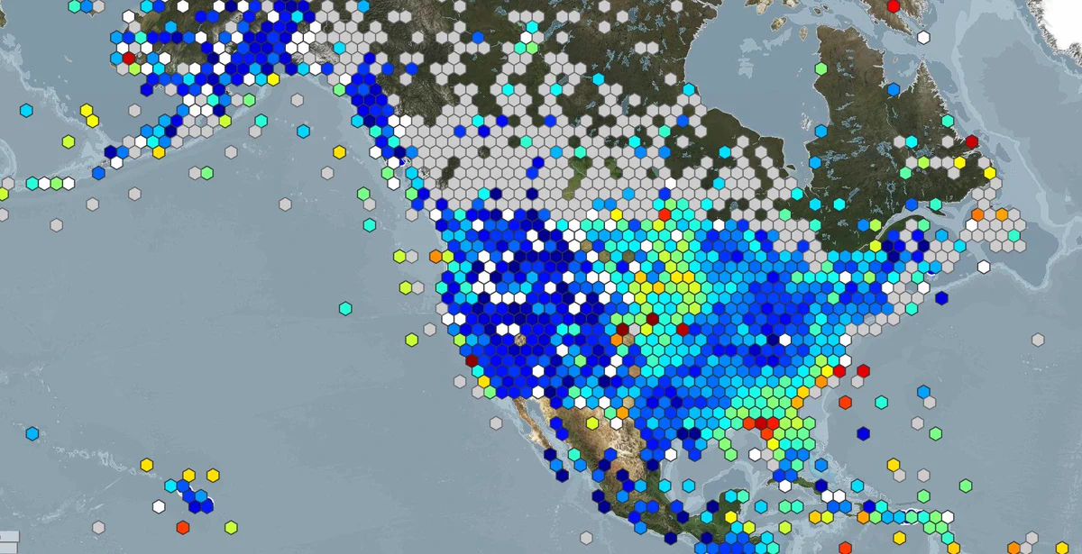 Snapshot of the IOOS Sensor Map showing a network of colored hexagons throughout North America over a map of North America in muted blue and green tones.