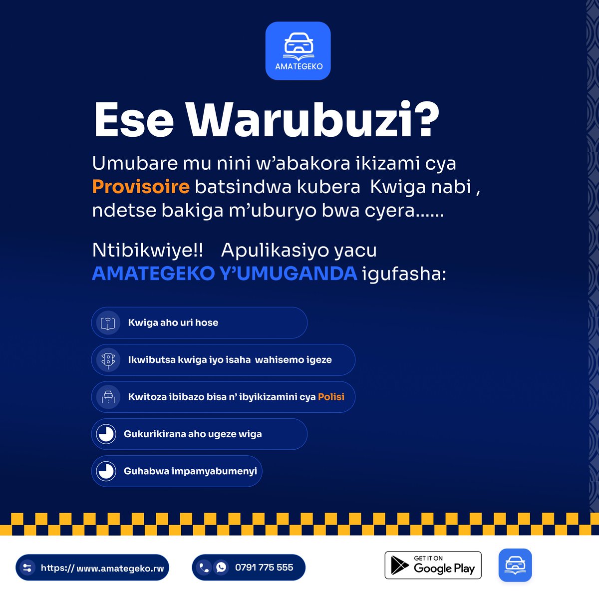 AmategekoApp's tweet photo. Ese Warubuzi?

Umubare mu nini w’abakora ikizami cya Provisoire batsindwa kubera  Kwiga nabi , ndetse bakiga m’uburyo bwa cyera......

Ntibikwiye!!    Apulikasiyo yacu
AMATEGEKO Y’UMUGANDA Iragufasha:  

https://t.co/HRvNgKzUGm

Kubindi Bisobanuro Wahamagara  0791775555 https://t.co/6pagw0QXnG