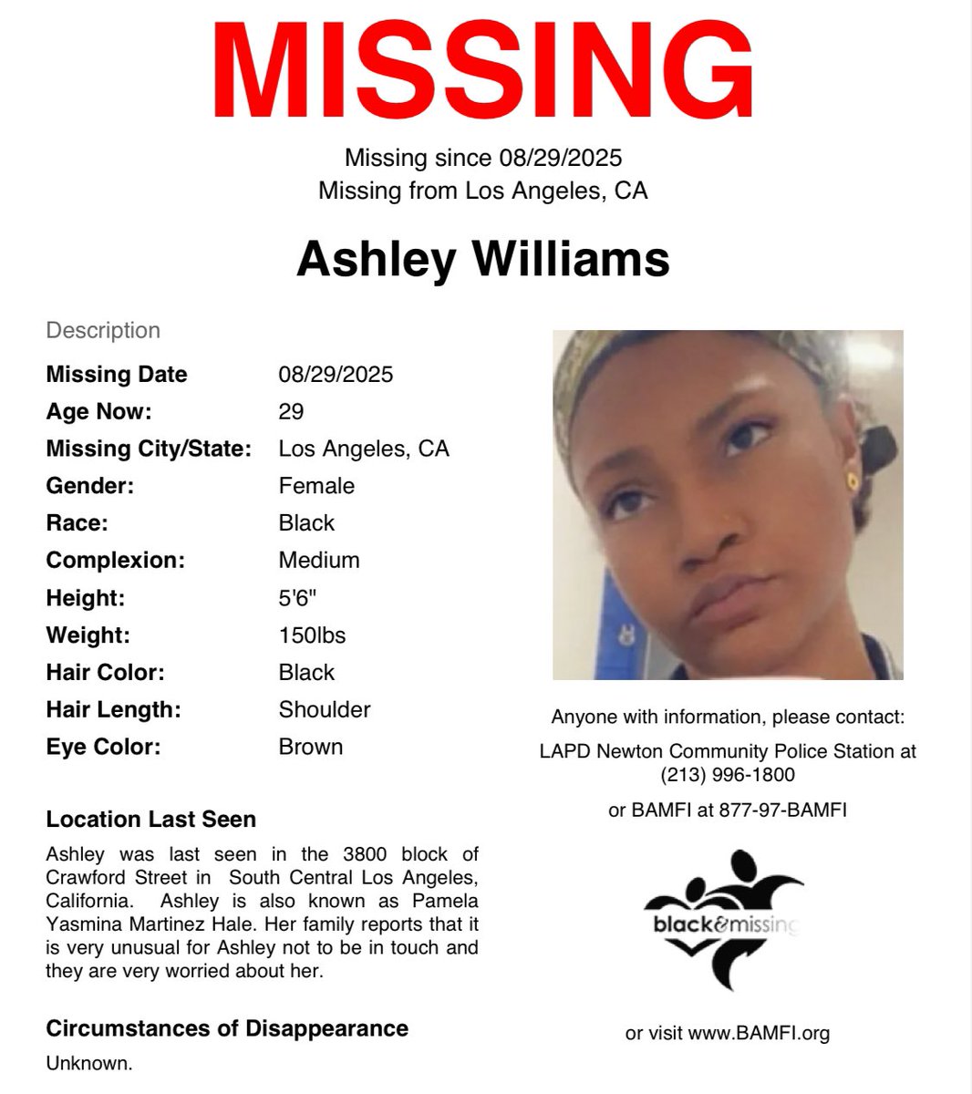 BAM_FI's tweet photo. #LosAngeles, #CA: Then 28y/o Ashley is STILL MISSING &amp; was last seen in the 3800blk of Crawford St in South Central LA. She is also known as Pamela Yasmina Martinez Hale. Her family reports that it is very unusual for her not to be in touch and they are very worried about her. https://t.co/9gj9kEONIP