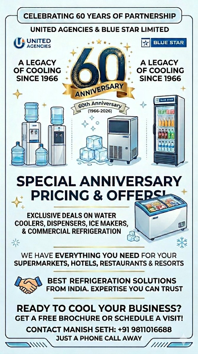 manishseth's tweet photo. Celebrating 60 Years of Cooling Excellence! 🧊❄️
​When it comes to commercial refrigeration, you deserve the best in the business. Blue Star Limited is India’s undisputed leader in refrigeration and air conditioning—and there is no better partner to deliver that excellence to your doorstep than United Agencies.
​This year, we are incredibly proud to celebrate a monumental milestone: 60 Years of Partnership with Blue Star Limited (1966–2026).
@BlueStarLtd
#celebrating60years​ @PNSeth6