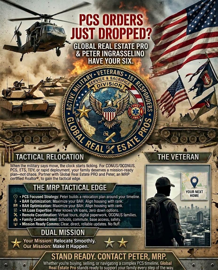 GlobalRealPro's tweet photo. Military move coming up? 

Get an agent who speaks PCS, TDY, ETS, and VA fluently! 

Peter Ingrasselino, Military Relocation Professional (MRP), at Global Real Estate Pro has your six.

📞 800-975-0711
🌐 https://t.co/GYEzQmkMjW https://t.co/Cj6KwRhtfo