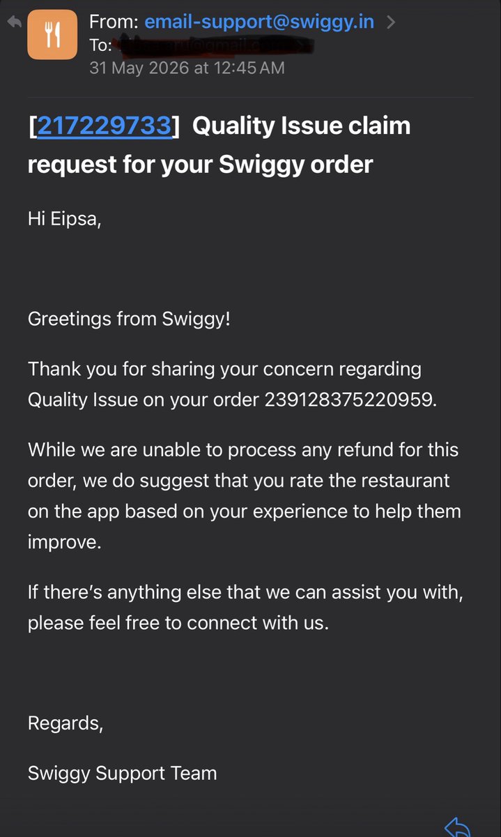 AruEipsa's tweet photo. @SwiggyCares Order ID: 239128375220959 Your ethics are to lie, wrongly blame the restaurant and harras the customer. Sharing mails where repeatedly I am advised to review restaurant instead of accepting and making amends on your part. Even emailsupportBeating around the bush from so many days https://t.co/KTZYVgE52b