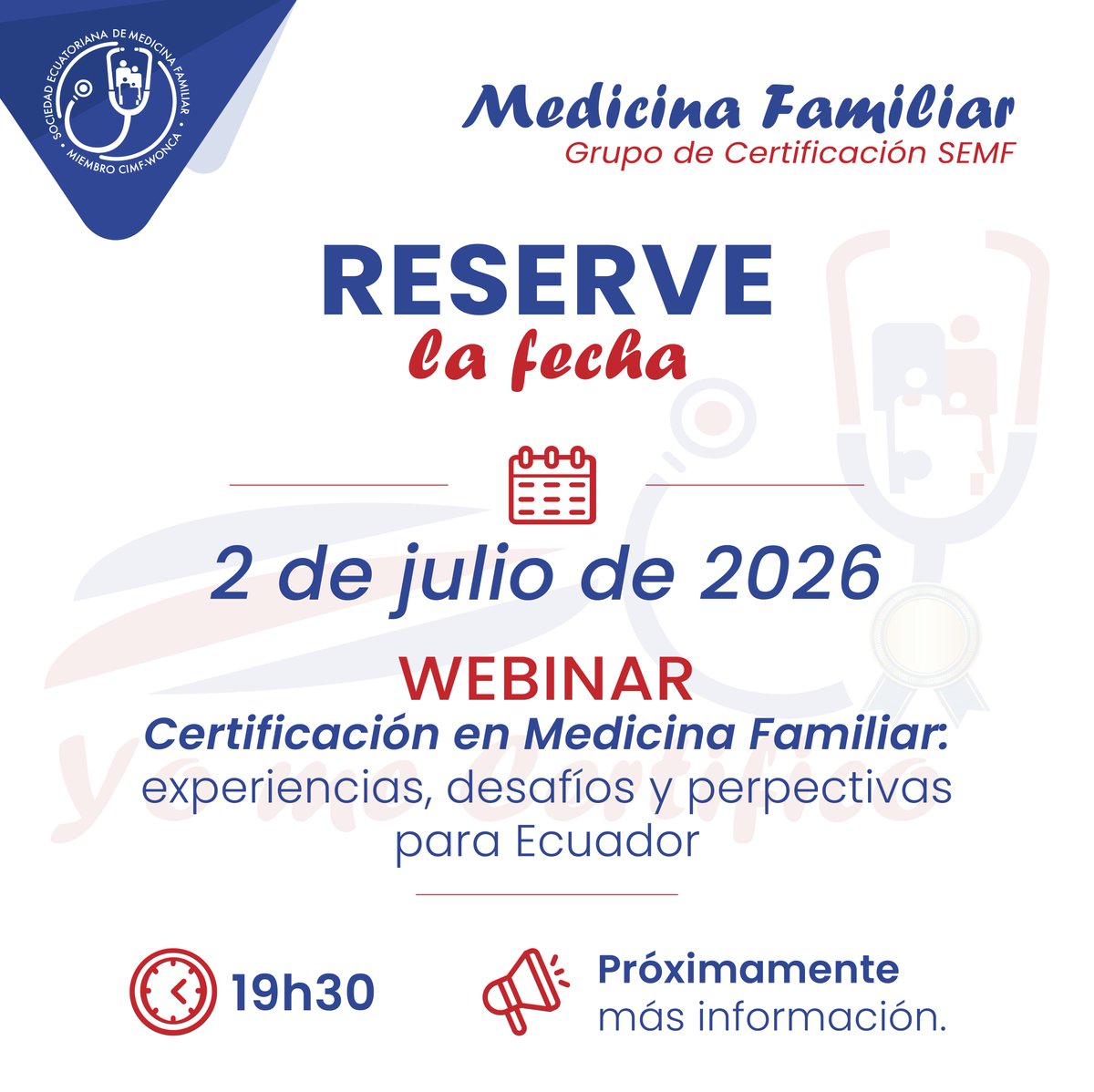 ESEMF's tweet photo. 📢 ¡Reserve la fecha!

La SEMF invita a todos los interesados en el fortalecimiento de la APSa participar en nuestro webinar:

🎓 Certificación en Medicina Familiar: experiencias, desafíos y perspectivas para Ecuador

📅2/06/2026
🕢 19h30

🔔 Próximamente más información. https://t.co/N7GvTM6NfF