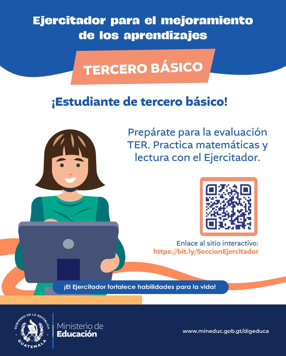 DigeducaMineduc's tweet photo. ¡Estudiante de tercero básico!
Prepárate para la evaluación TER con el Ejercitador para el mejoramiento de los aprendizajes.
Repasa matemáticas y lectura de forma práctica e interactiva.
👉 https://t.co/HhWbanBUMk
¡Practicar te hace más fuerte! https://t.co/vjrdnzNkUz