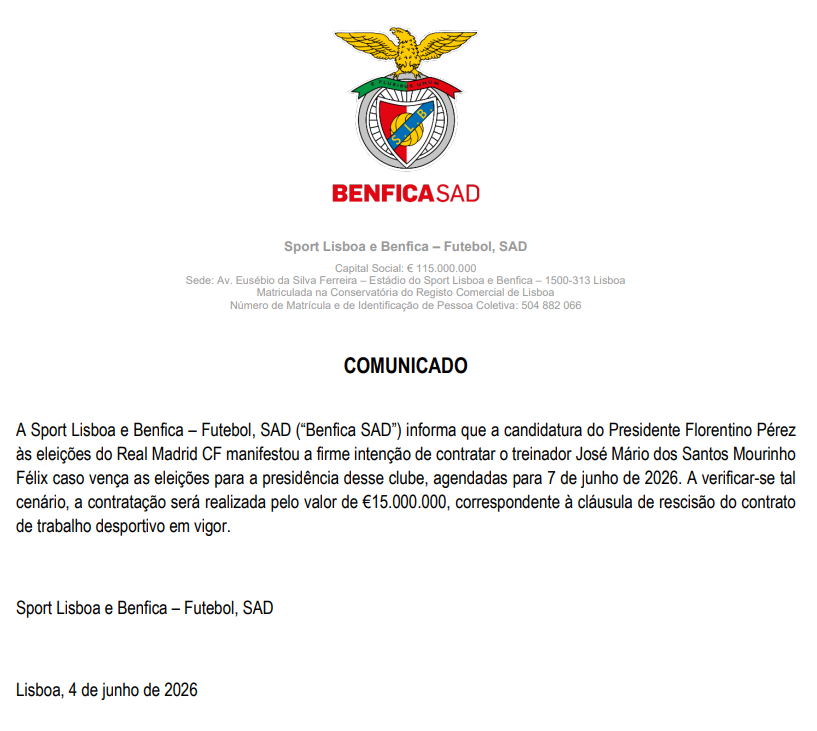 lbertozzi's tweet photo. Oficial: Benfica receberá 15M pela liberação de José Mourinho para o Real Madrid caso se confirme a eleição de Florentino Pérez. https://t.co/l909hrzxKd