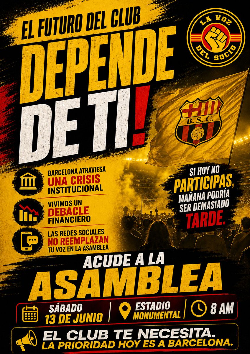 vozdelsociobsc's tweet photo. 🚨 LA CONVOCATORIA A ASAMBLEA YA ES OFICIAL 🚨

​Ahora les toca a los @sociosbsc saltar de titular para EL PARTIDO MÁS IMPORTANTE DE LA HISTORIA.

​Como observaciones para esta asamblea:
1.- ​No habrá puntos varios.
2.- ​El orden del día ya está estipulado (ver imagen).
3.- ​Reducción del número de socios activos en un 30 %.
4.- ​La presencia del socio es sumamente importante.
5.- ​¡FUERA ÁLVAREZ!

@BarcelonaSC
@Sitio_Amarillo
@Rubenzao_MF
@JohnnyHidalgo6
@MauricioOrtegaE