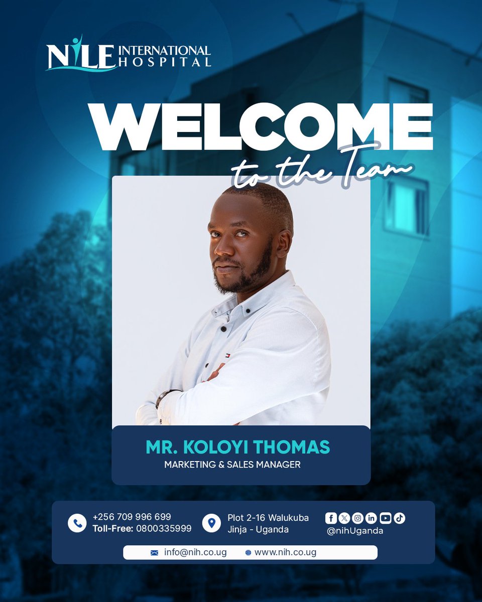 nihUganda's tweet photo. Big welcome to Mr. Thomas Koloyi, who joins Nile International Hospital as our new Head of Marketing and Sales. 

His mission is clear. Make sure every person in our community knows the world-class services available to them, hears their feedback, and builds the partnerships that make better healthcare possible for everyone.

Because at Nile International Hospital, we have always believed that great healthcare cannot be done alone.
Welcome to the team, Thomas. 💙
#NileInternationalHospital #WelcomeThomas